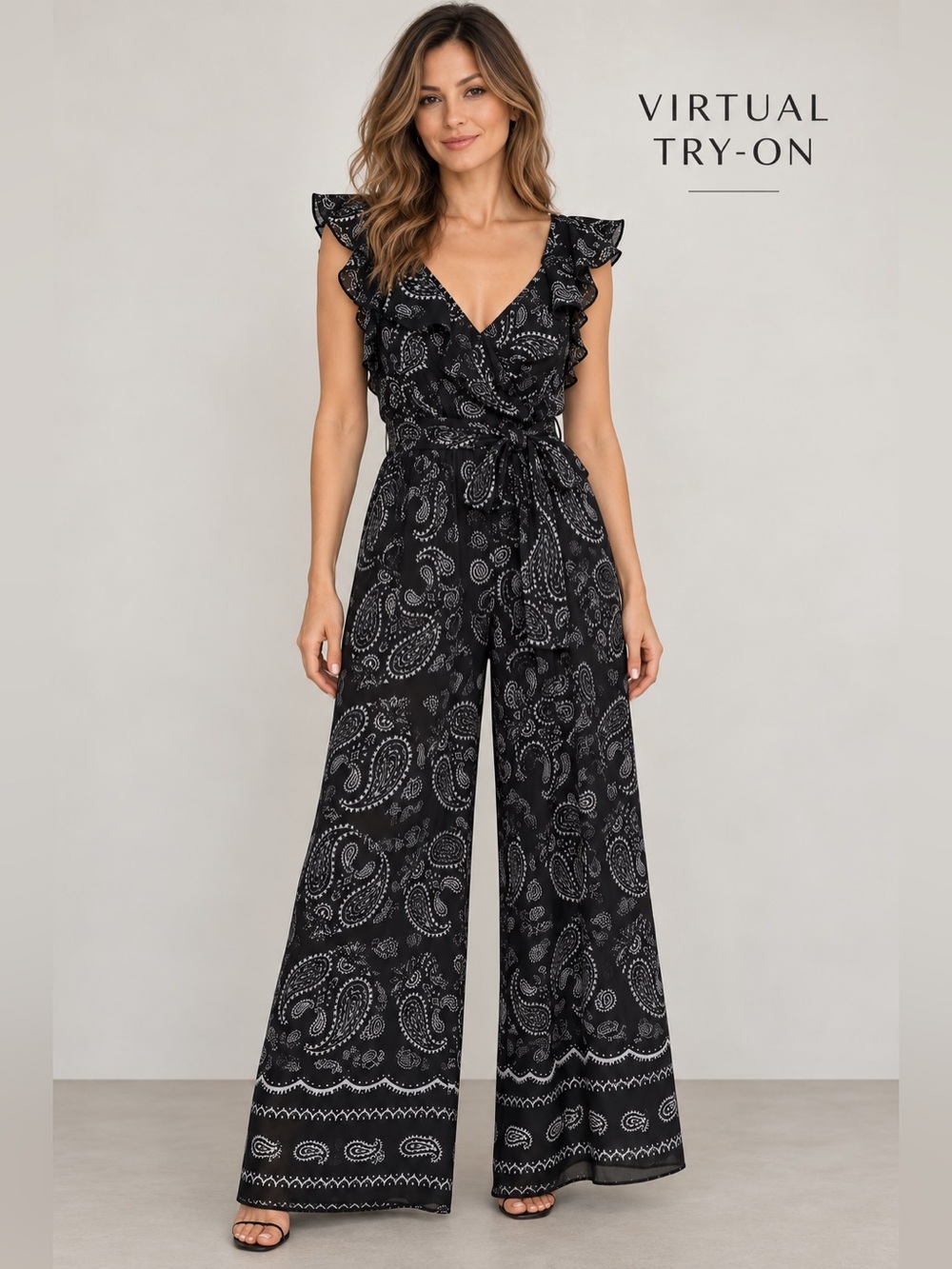 Tahari Arthur S. Levine 6P Black Paisley Wide Leg Jumpsuit Ruffle Belted NWT
